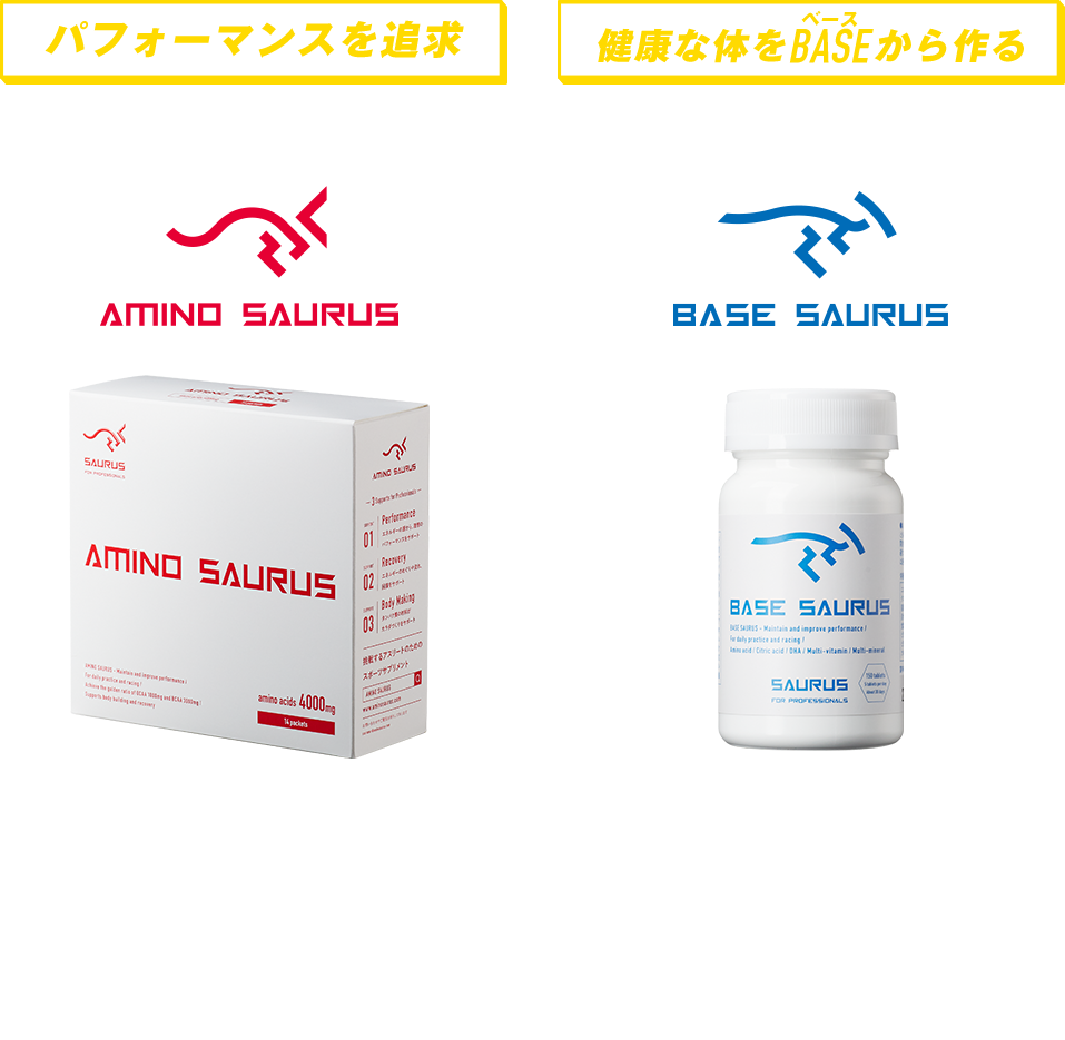 パフォーマンス維持向上 レースや練習時にアミノサウルス(AMINO SAURUS)BCAA+OCAAロイシン イソロイシン バリン＋アルギニン ホルニチン シトルリン 健康な体をBASEから作る 毎日のベース作りにベースサウルス(BASESAURUS) マルチミネラル マルチビタミン DHA-クエン酸 黒にんにく・しょうが 新世代アミノ酸