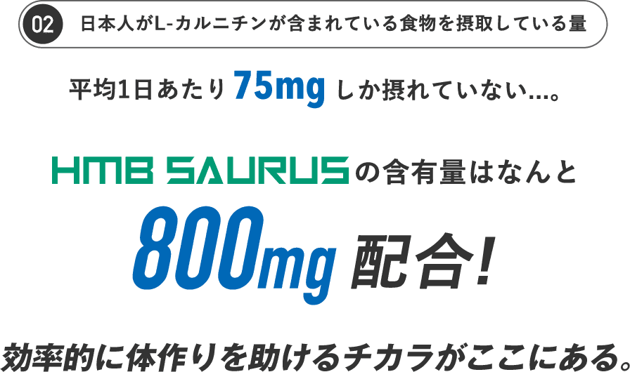 【02.日本人がL-カルニチンが含まれている食物を摂取している量】平均1日あたり75mgしか摂れていない...。HMB SAURUSのの含有量はなんと800mg配合！筋肉の構成成分と補給するさせるチカラがここにある。